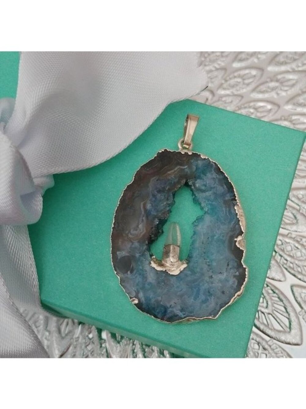 Artisan Sterling Silver Geode Slice with Inner Peace Quartz Crystal Pendant